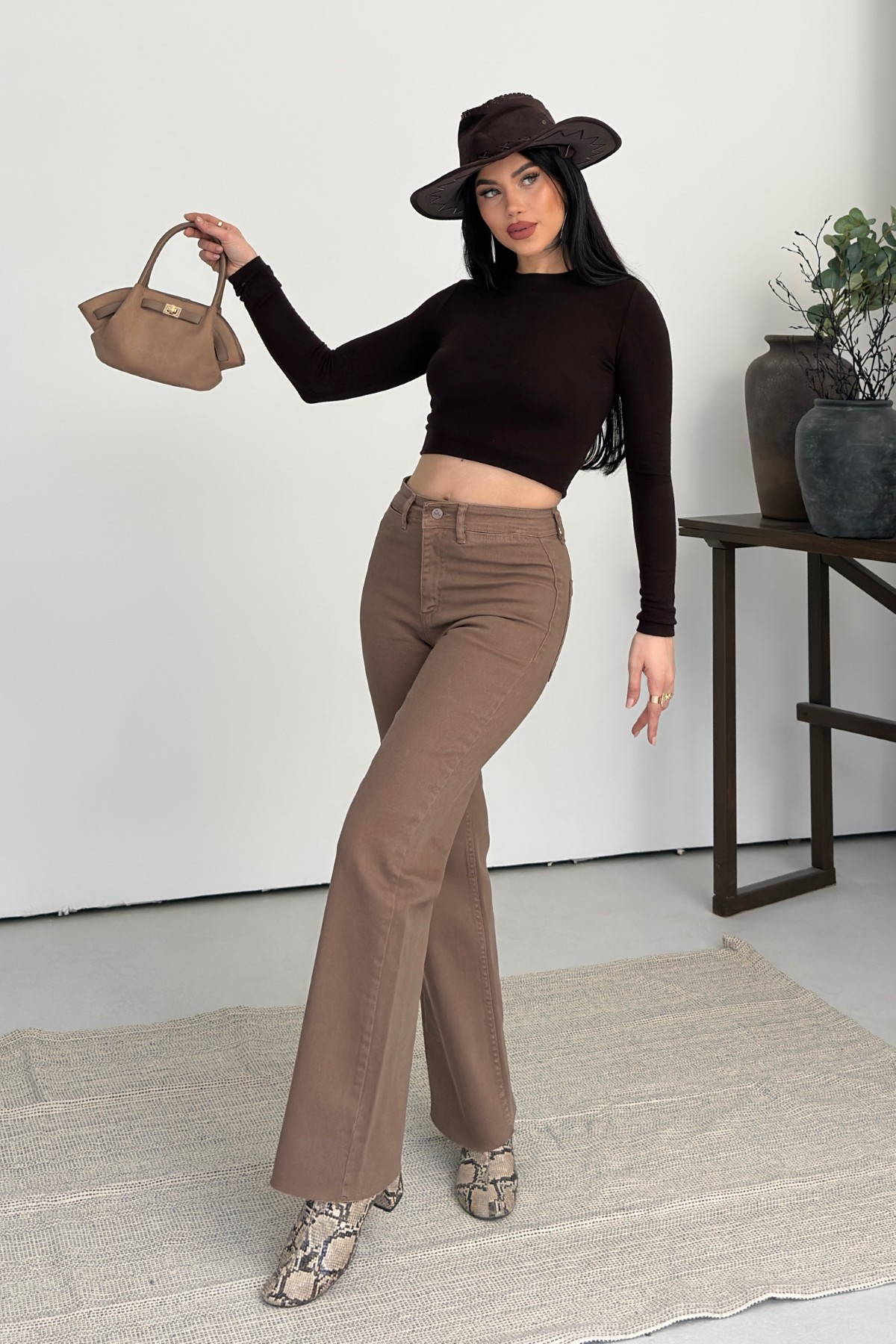 Kahverengi Bootcut Yüksek Bel Pantolon