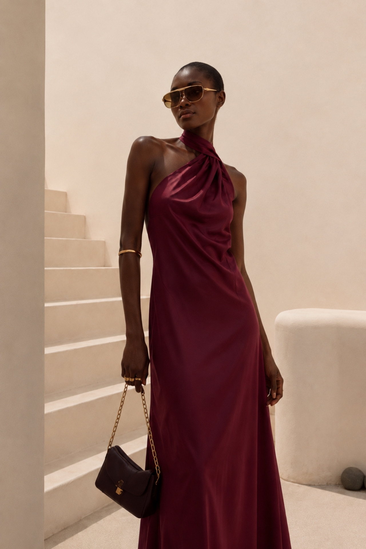 Bordo Slip Elbise Halter Yaka Ve Japone Kol İle