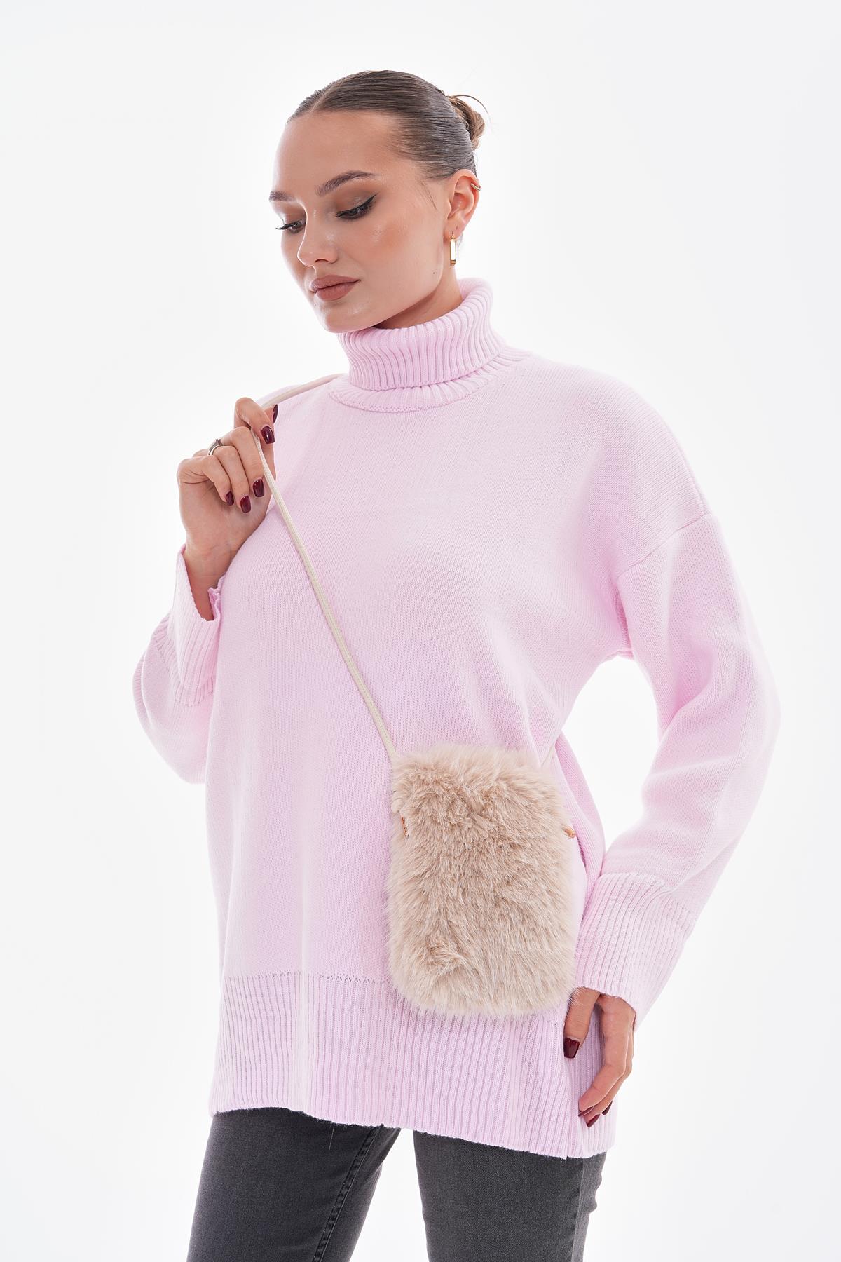 İçi Kadife Astarlı  Mini Peluş Çanta - Bej