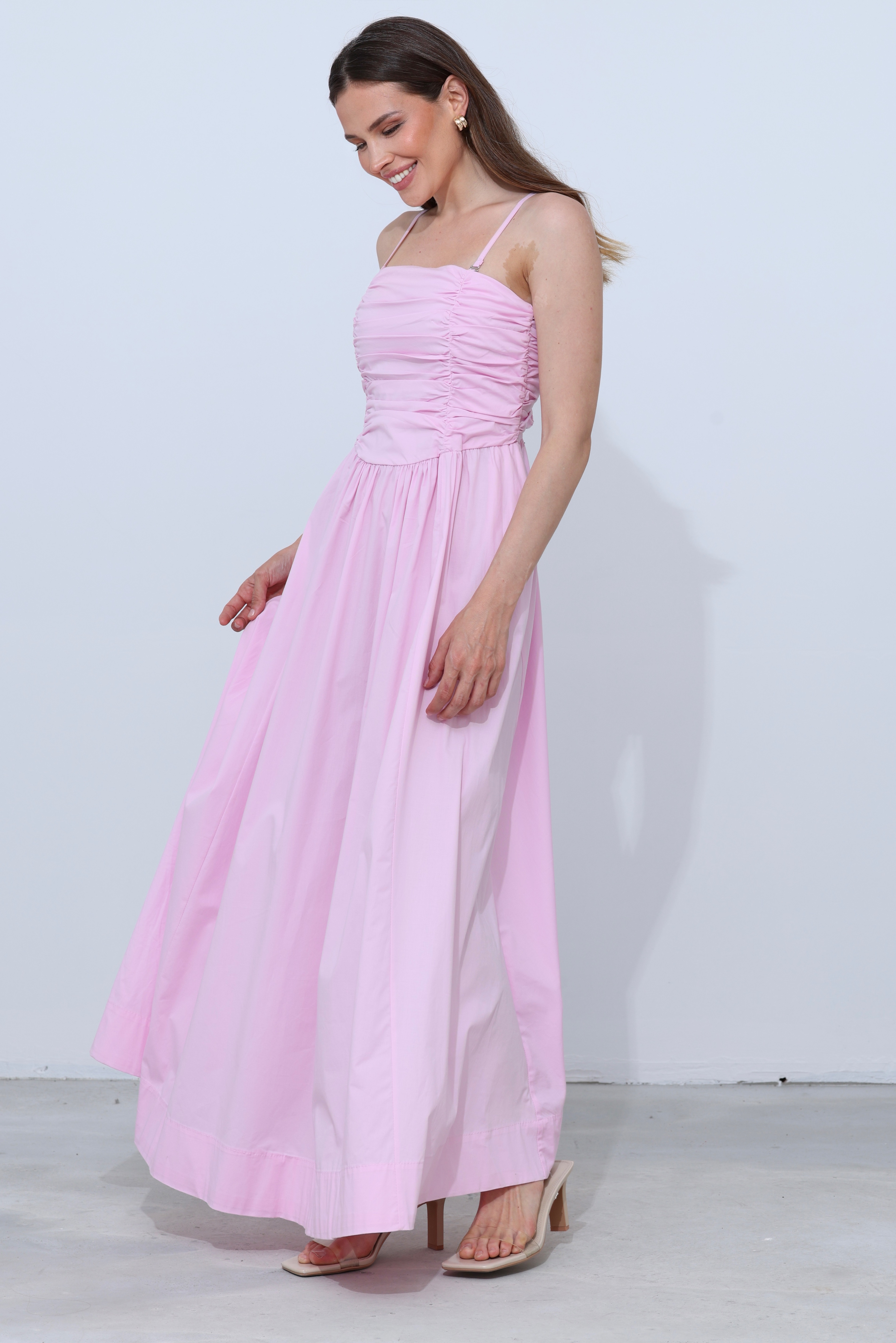 Pembe Zarif Maxi Cami Kare Yaka Elbise