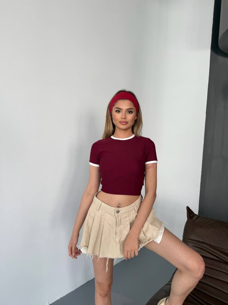 Bordo Crop Top Dar Kalıp Kısa Kol