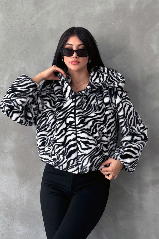 Siyah Zebra F 1654 Leopar Bskılı Pejuş Mont