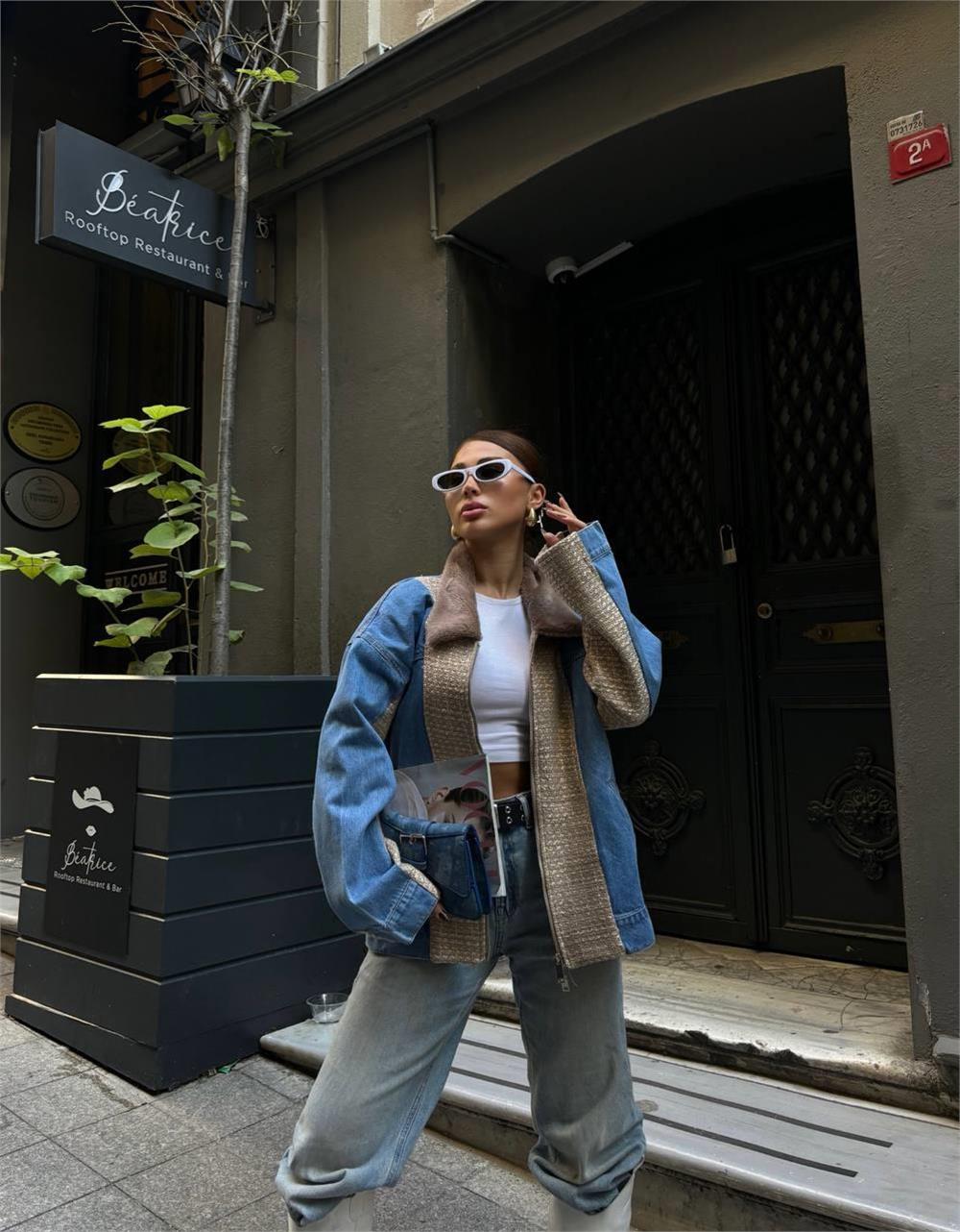 Peluş Yaka Detay Denim Ceket - Bej