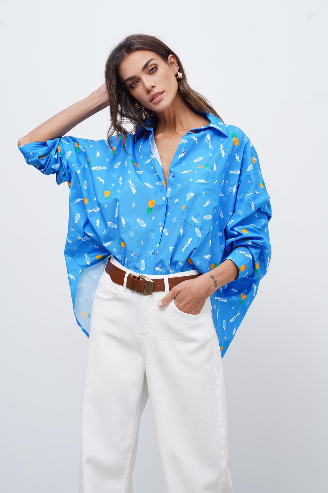 Mavi Oversized Günlük Gömlek Düğmeli Kapama