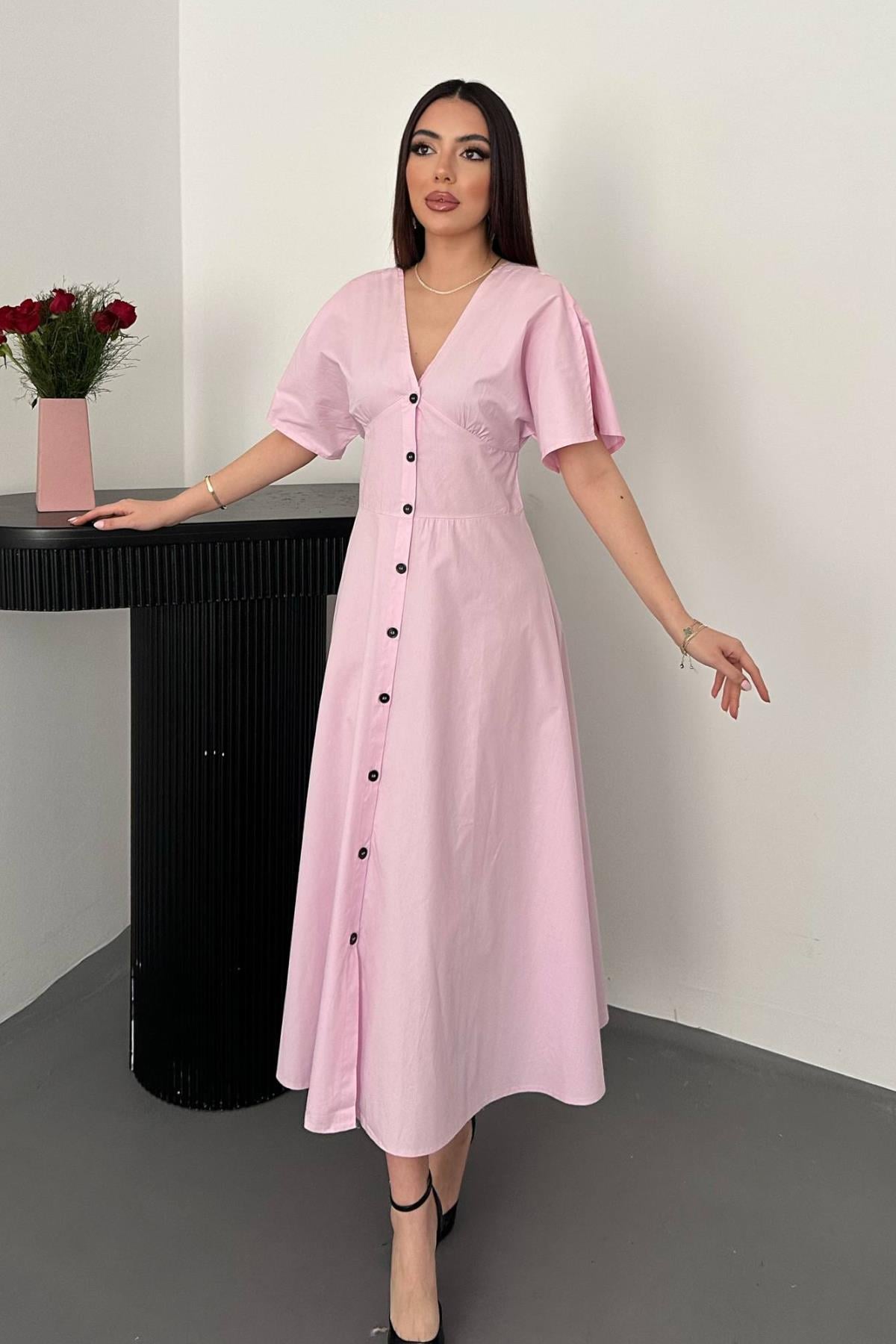 Pembe Fit & Flare V Yaka Midi Elbise