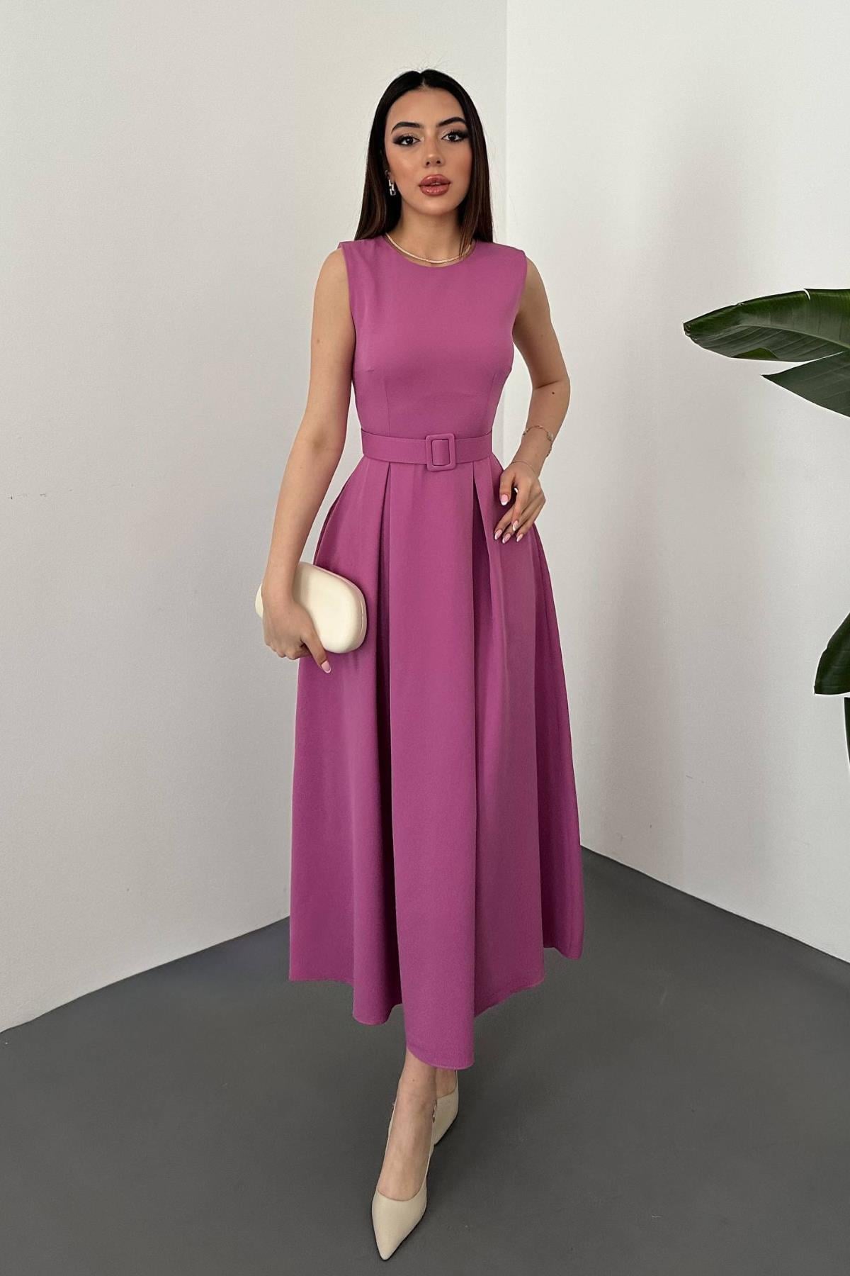 Fuşya Fit & Flare Elbise İle Japone Kol