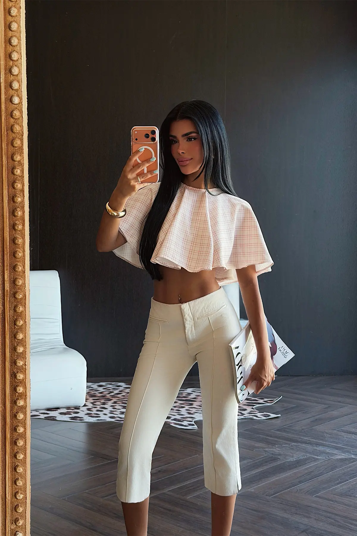 Bej Damalı Crop Top Japone Kollu
