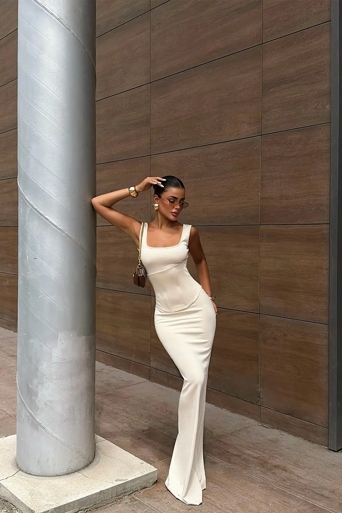 Bej Seksi Zarif Resmi Işıltılı Bodycon Elbise