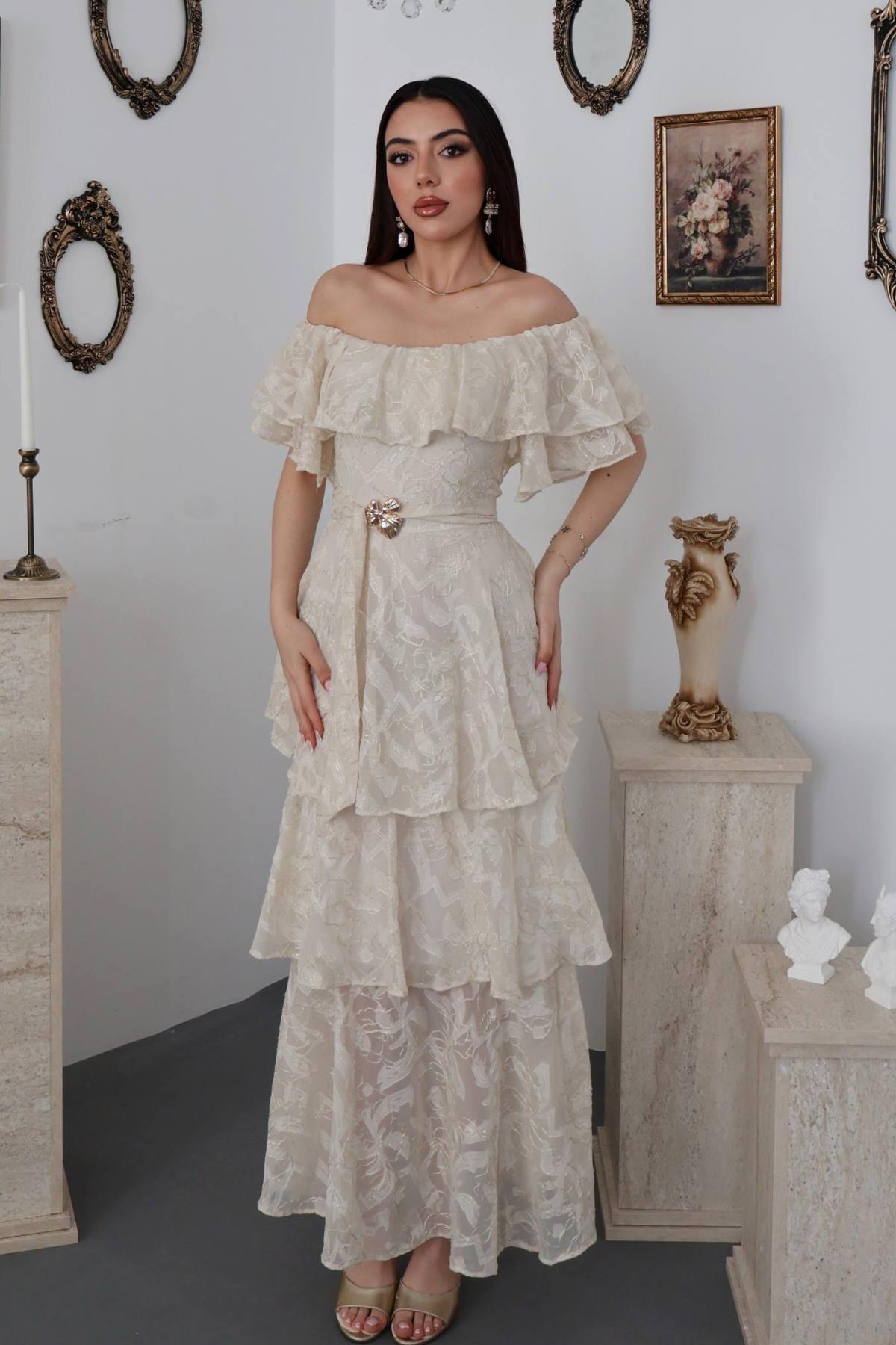 Bej Fit & Flare Elbise Çiçekli Fırfırlı Kollu