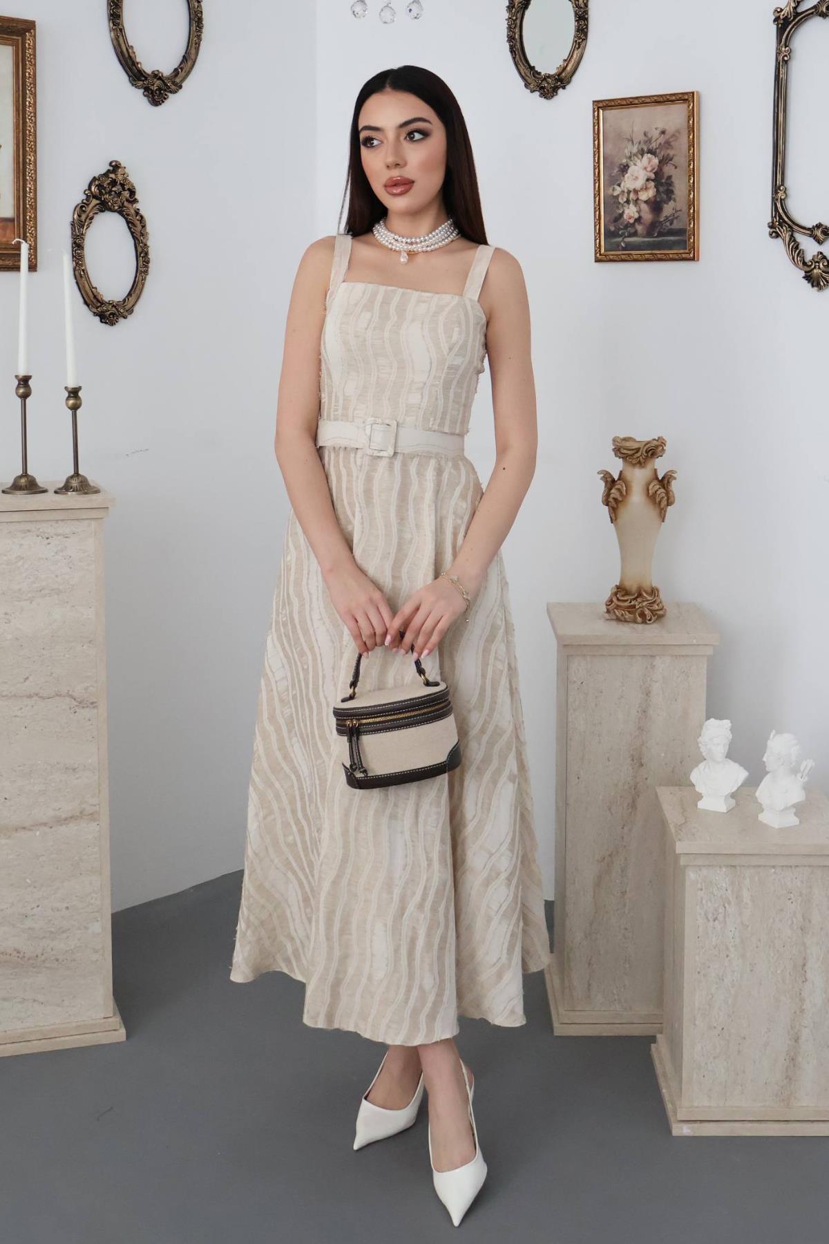 Bej Fit And Flare Çizgili Midi Elbise