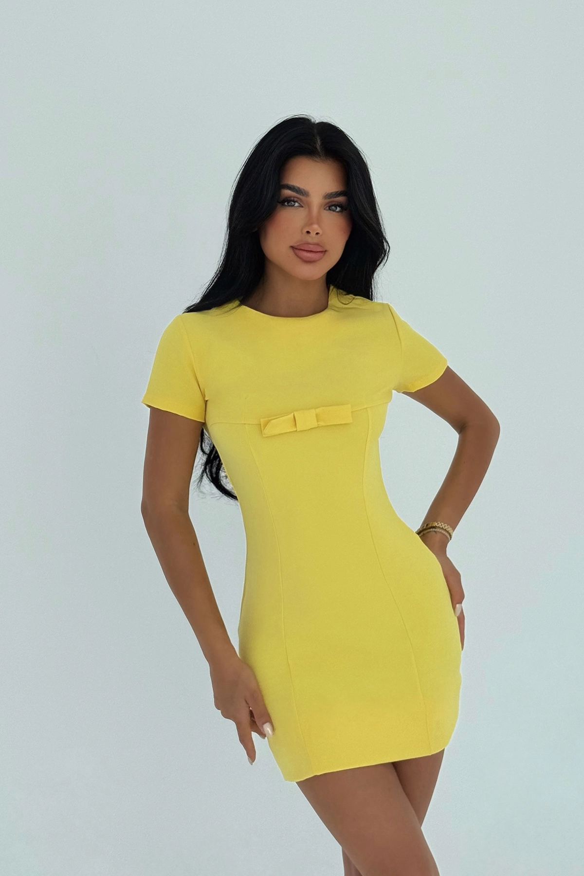 Sarı Bodycon Mini Elbise Kısa Kollu