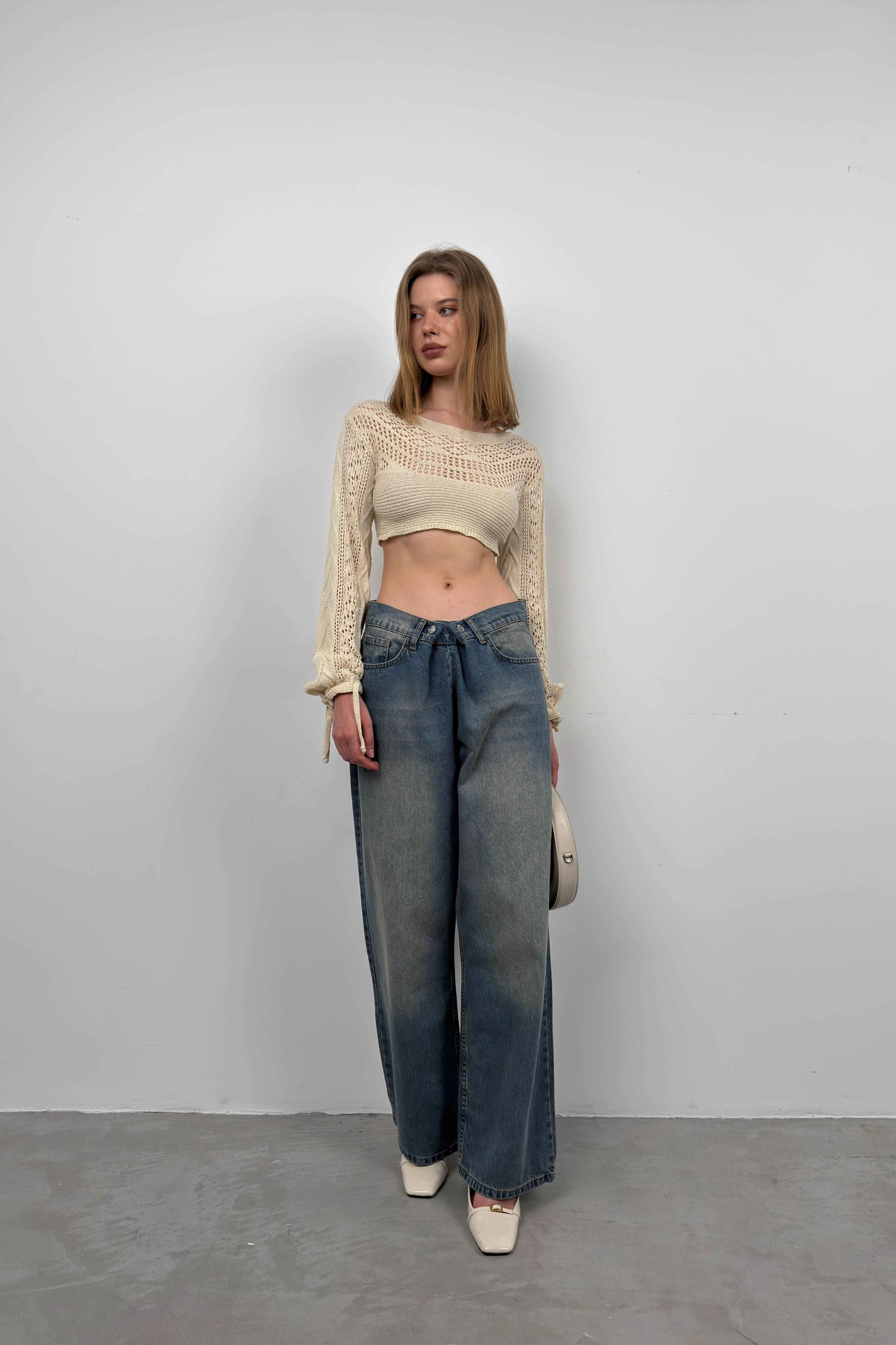 Crop Triko Bluz - Beyaz