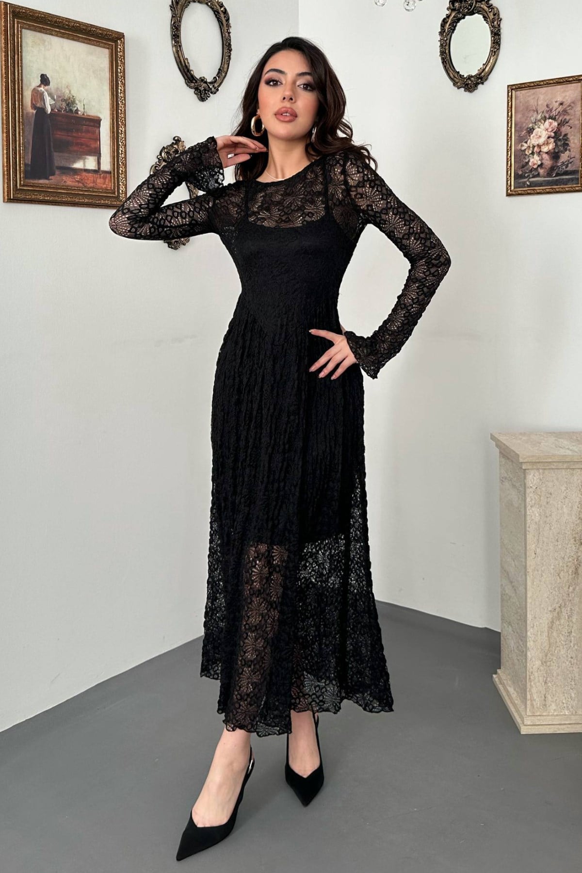 Siyah Zarif Fit & Flare Maksi Elbise