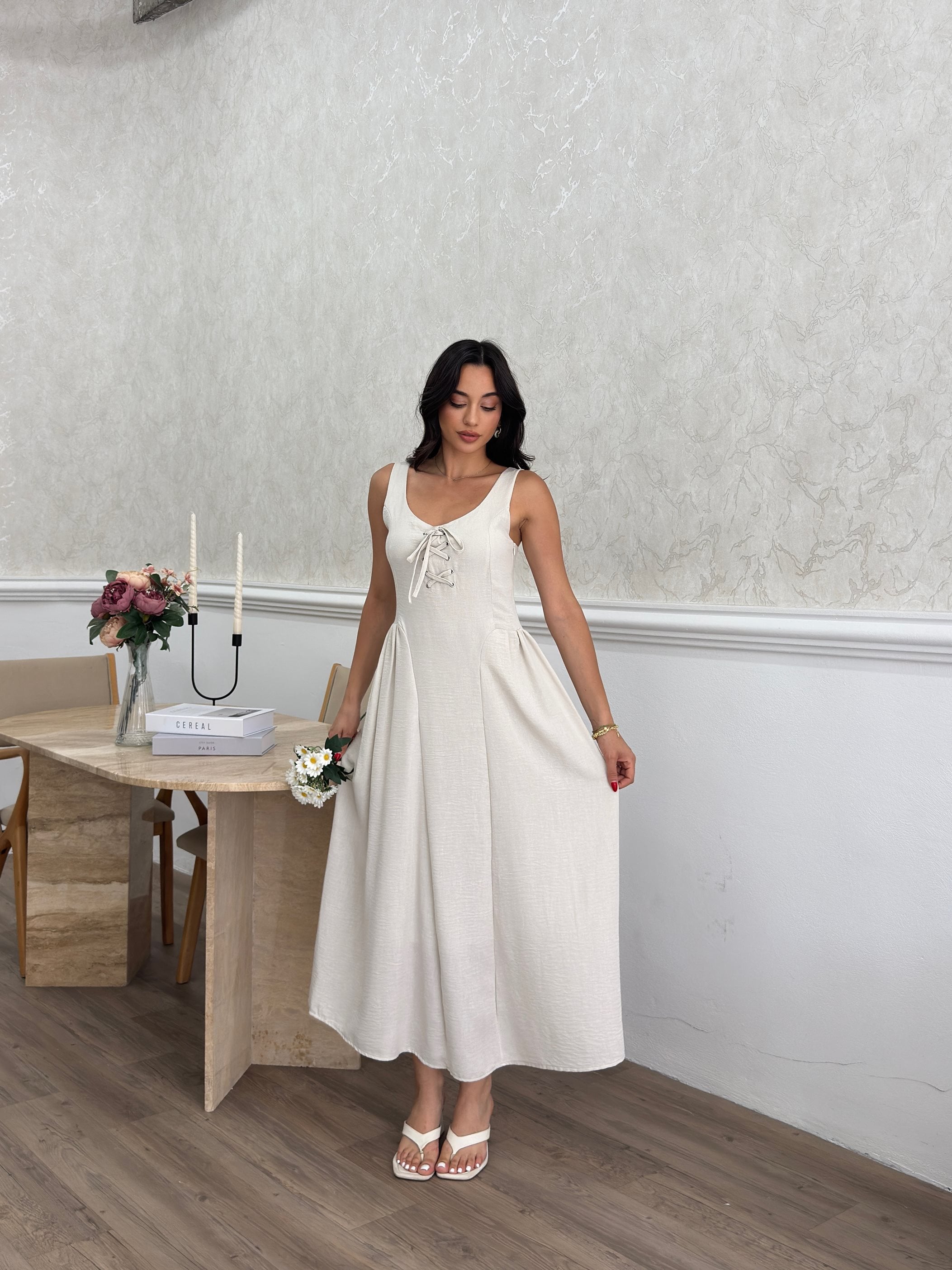 Bej Fit And Flare Maxi Elbise