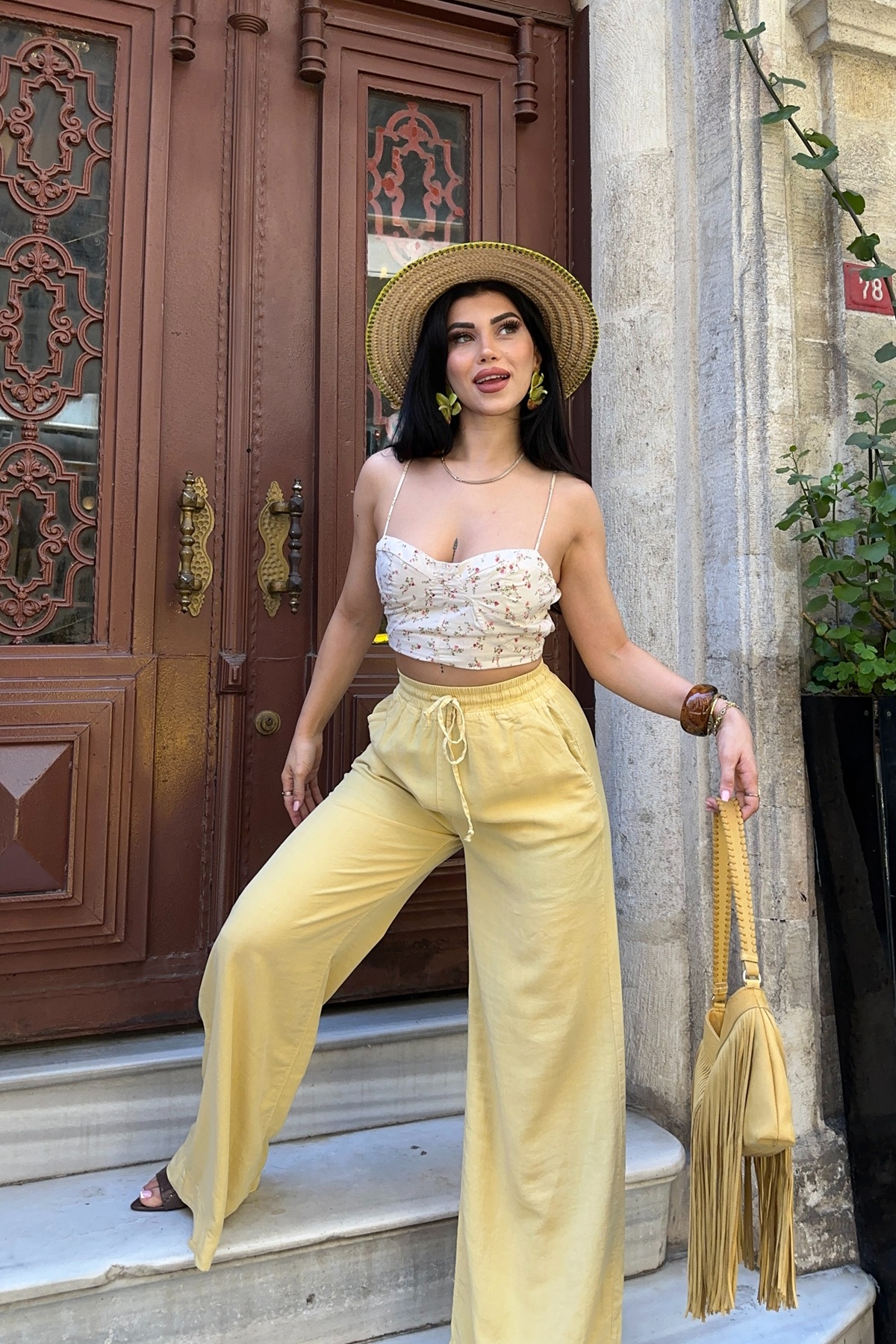 Sarı Palazzo Pantolon  Geniş Paça Ve İp Büzgülü