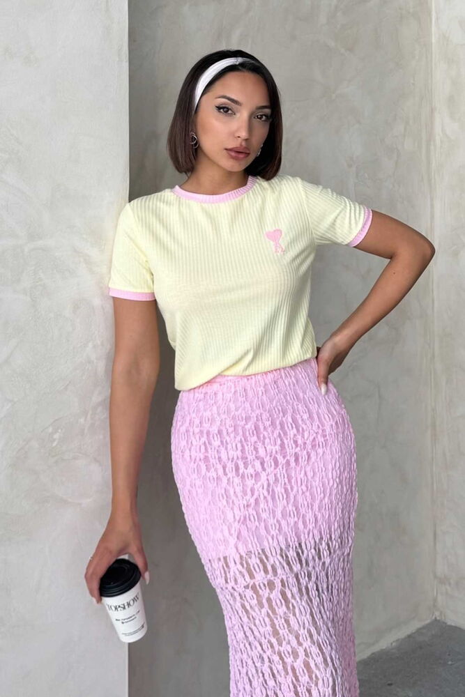 Nakışlı Tişort - Sarı Pembe