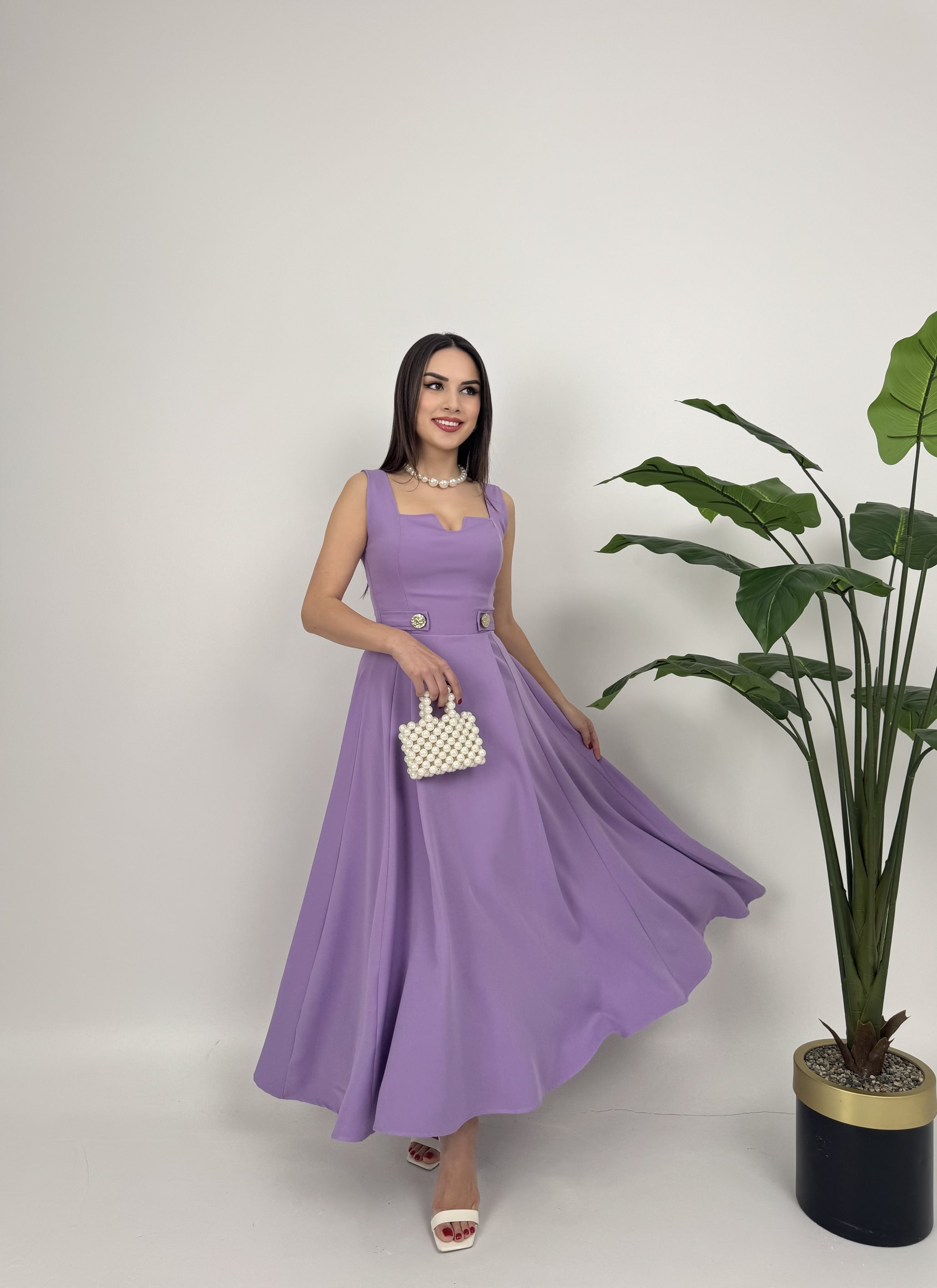 Mor Zarif Fit & Flare Maksi Elbise