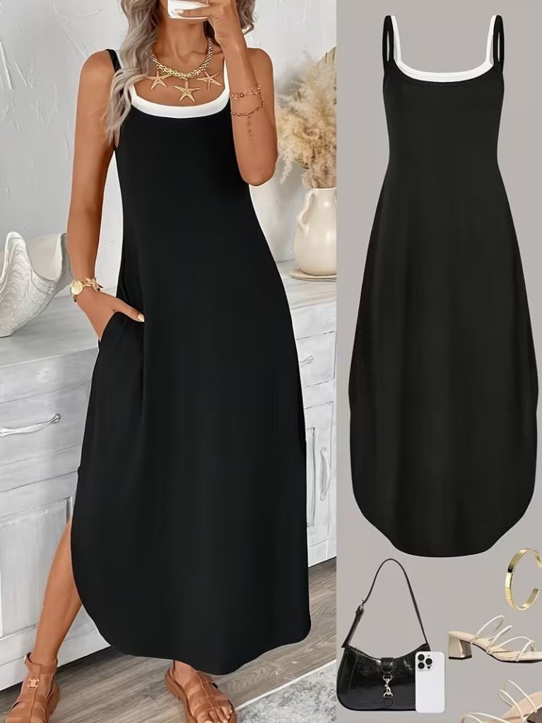 Siyah Kare Yakalı Kolsuz Midi Slip Elbise