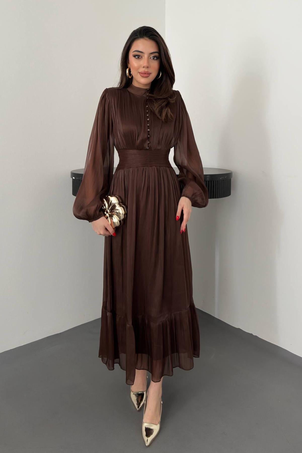 Zarif Kahverengi Fit & Flare Elbise