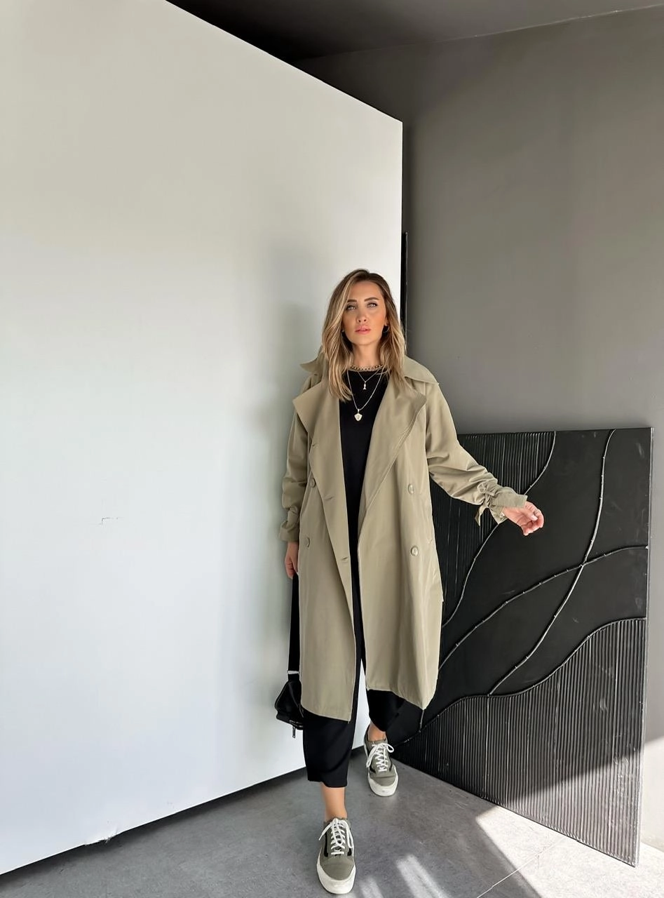 Haki Trençkot Çift Düğmeli Düğmeli Kaban