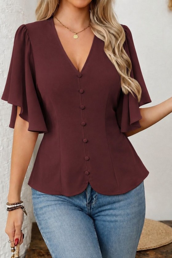 Bordo Bluz Volan Kol Detaylı