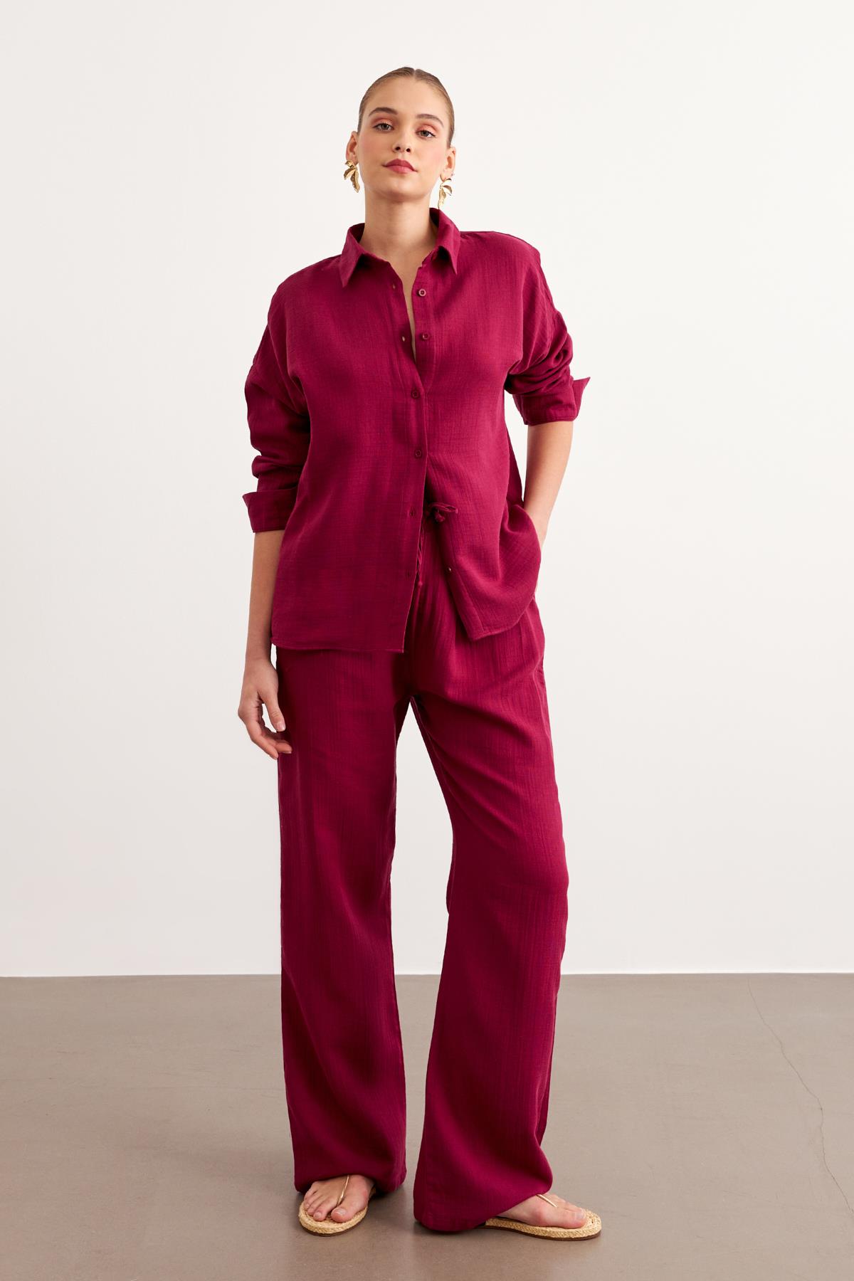 Kadın Uzun Kollu Oversize Müslin Gömlek Bordo