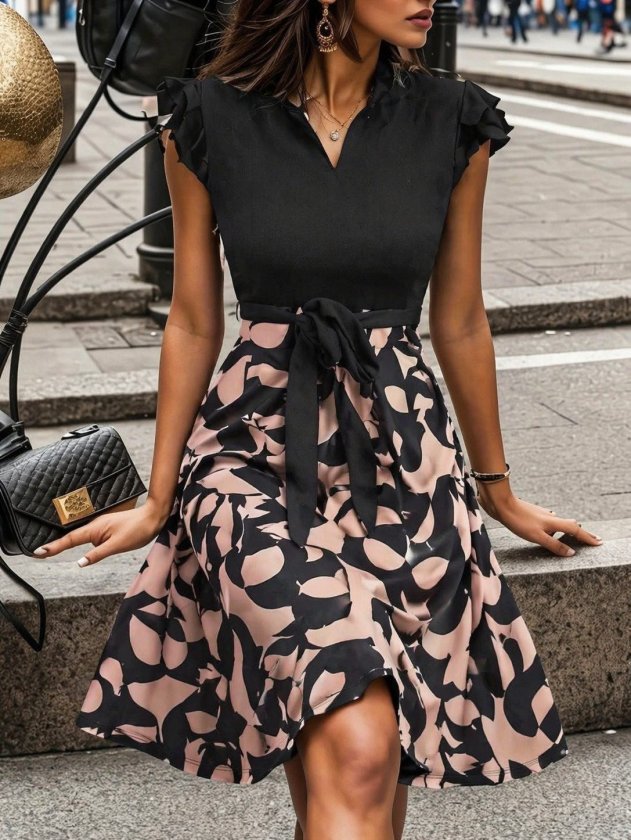 Siyah Fit & Flare Elbise Fırfırlı Japone Kollu