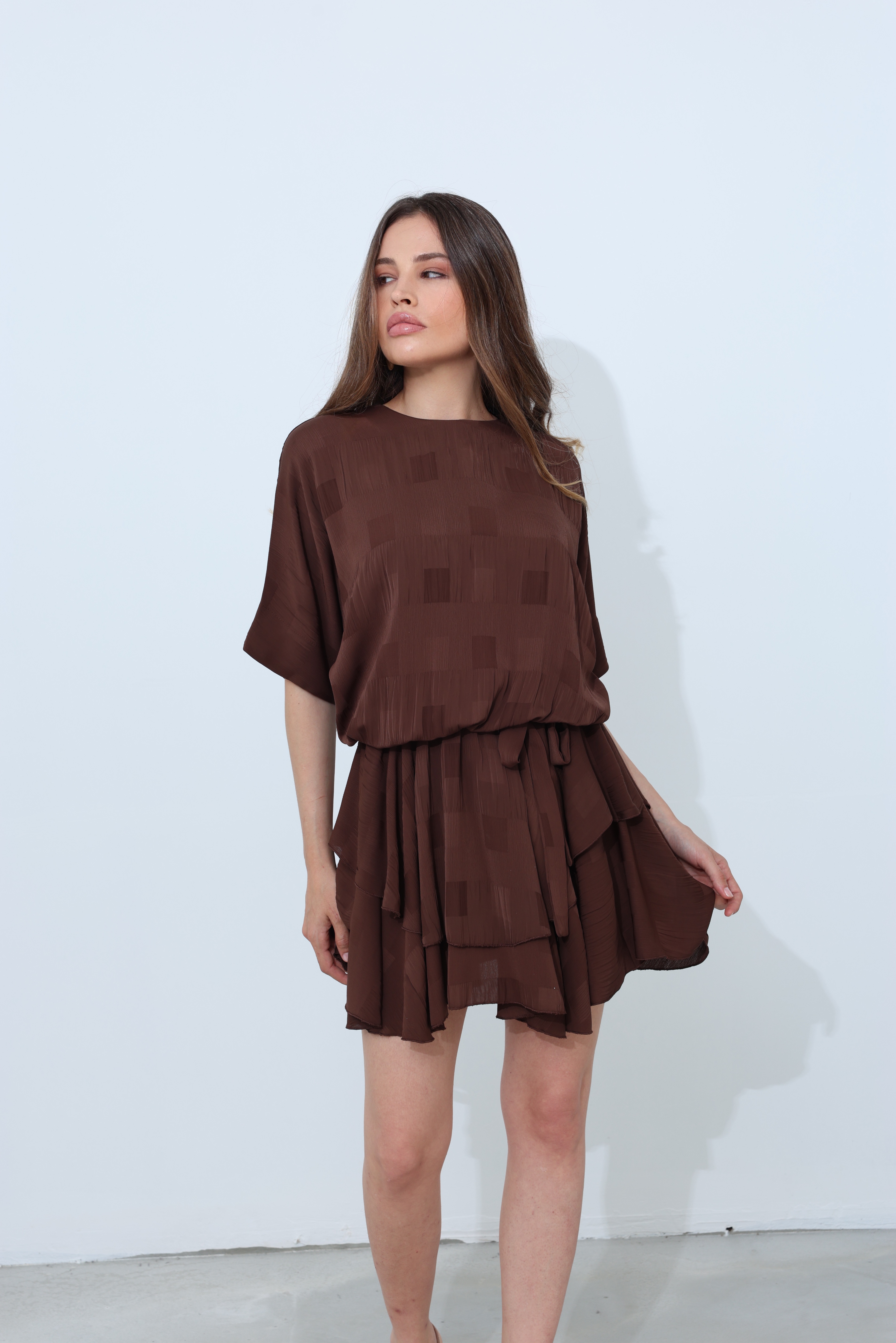 Kahverengi Kareli Shift Mini Elbise