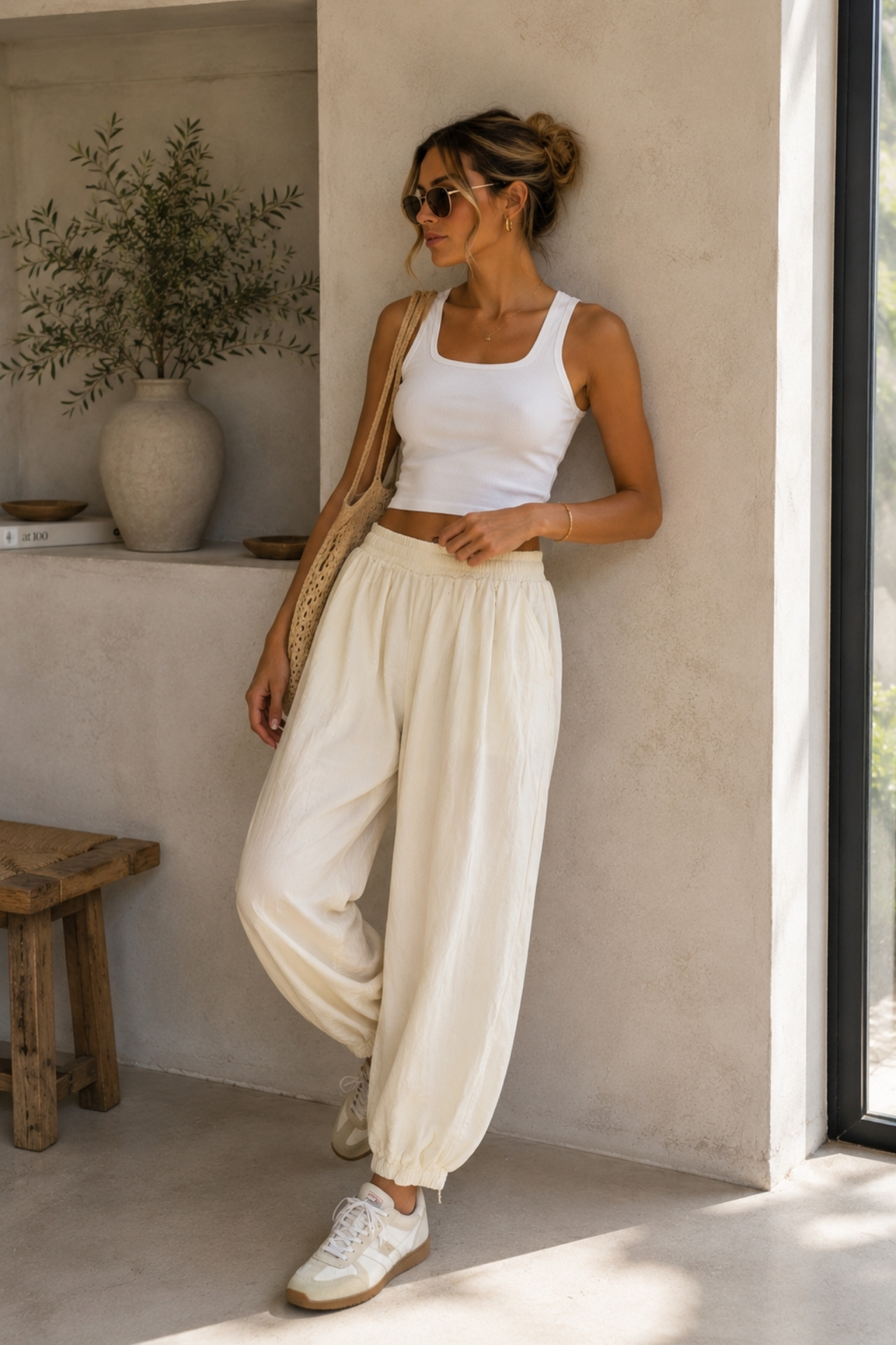 Bej Günlük Boho Sokak Tarzı Jogger Pantolon