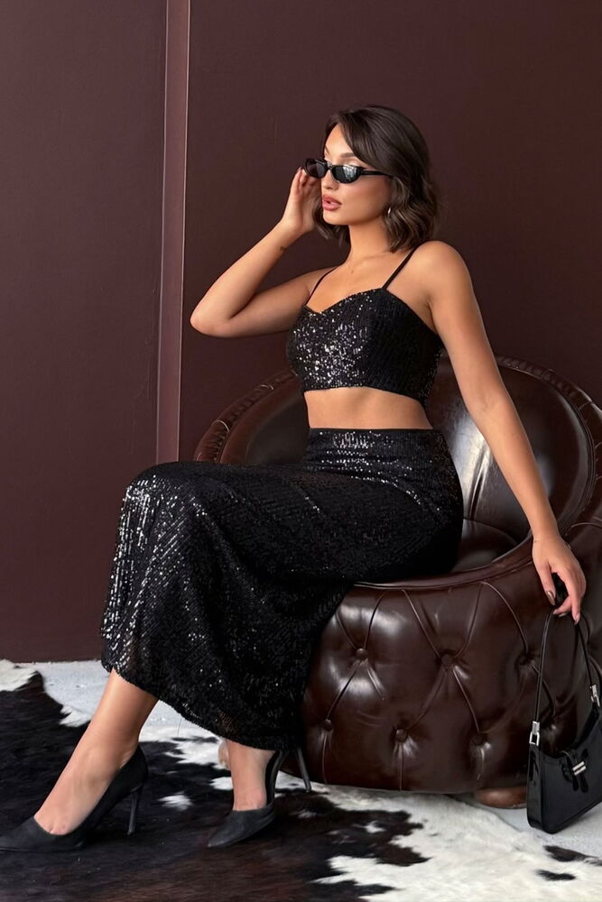 Siyah Payetli Seksi Işıltılı Bodycon Maksi Etek Yüksek Bel