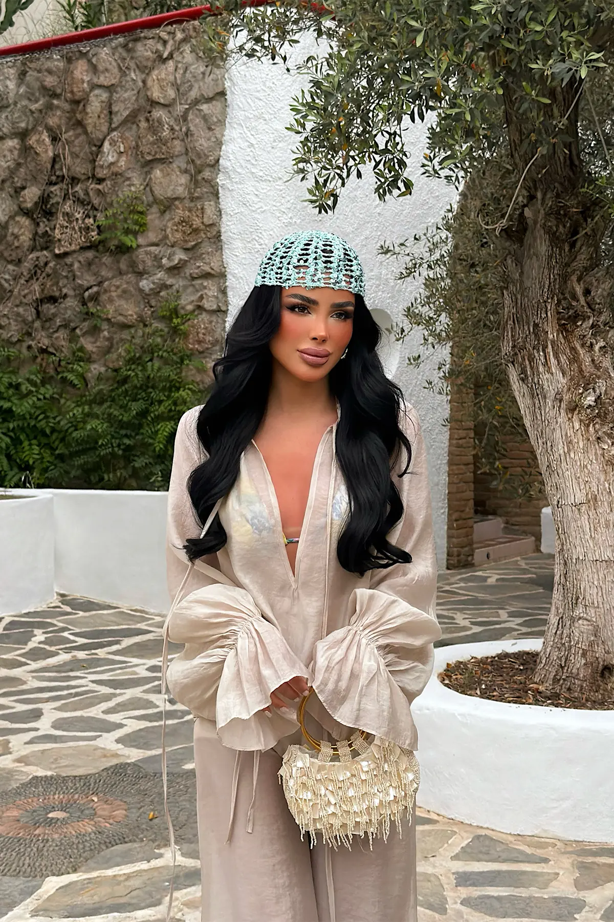 Bej Boho Bluz Fırfırlı Kollarla
