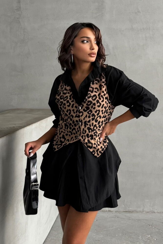 Vizon Siyah Leopar Desenli Toptan Yelek