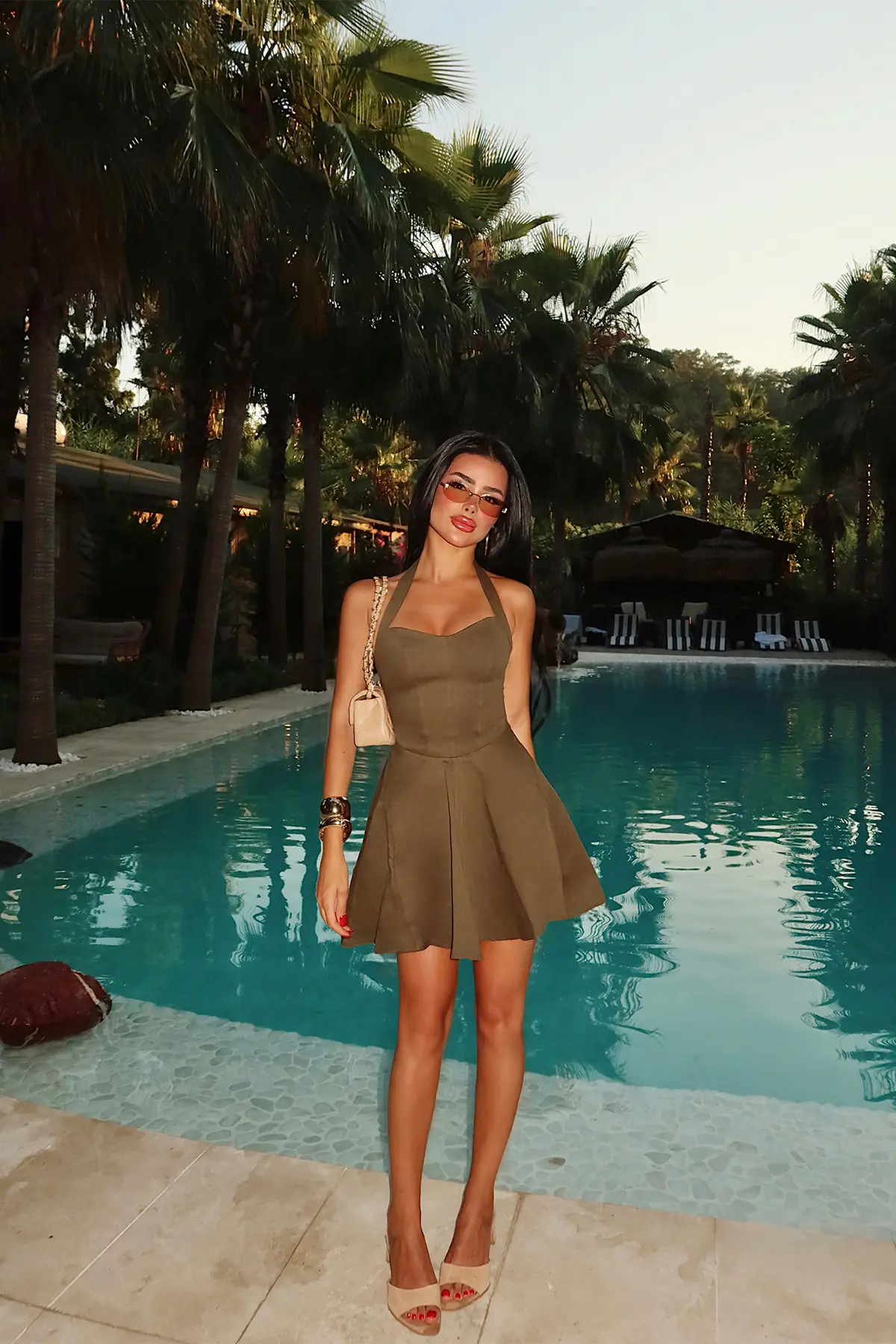 Haki Fit & Flare Halter Yakalı Mini Elbise